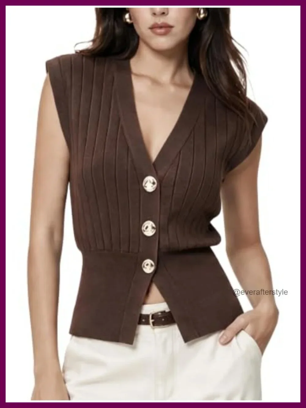 Sleeveless Ribbed Knit Sweater Vest with Gold Buttons